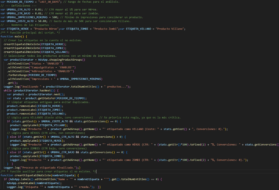 Ejemplo de script de Google Ads de clasificación de productos en base a unas condiciones