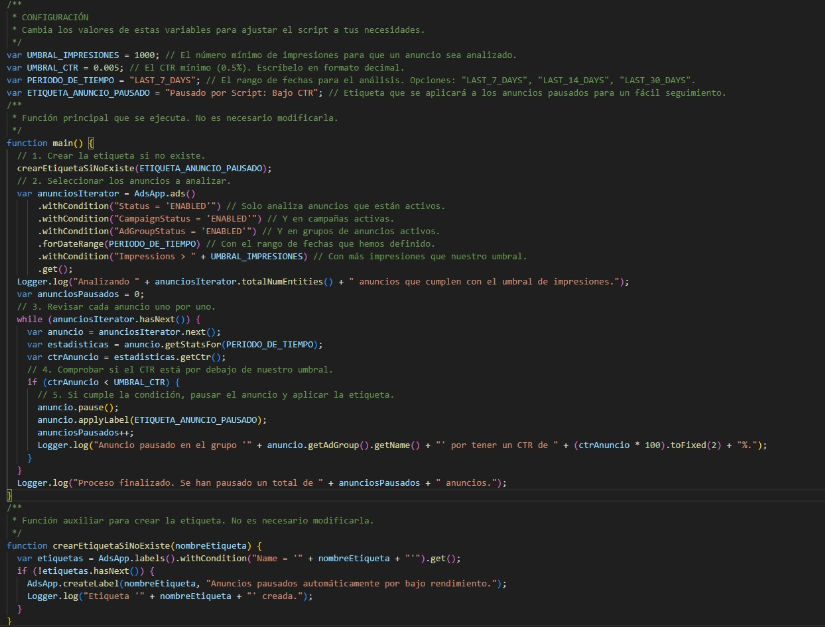 Ejemplo de script de revisión de anuncios de Google Ads de la cuenta